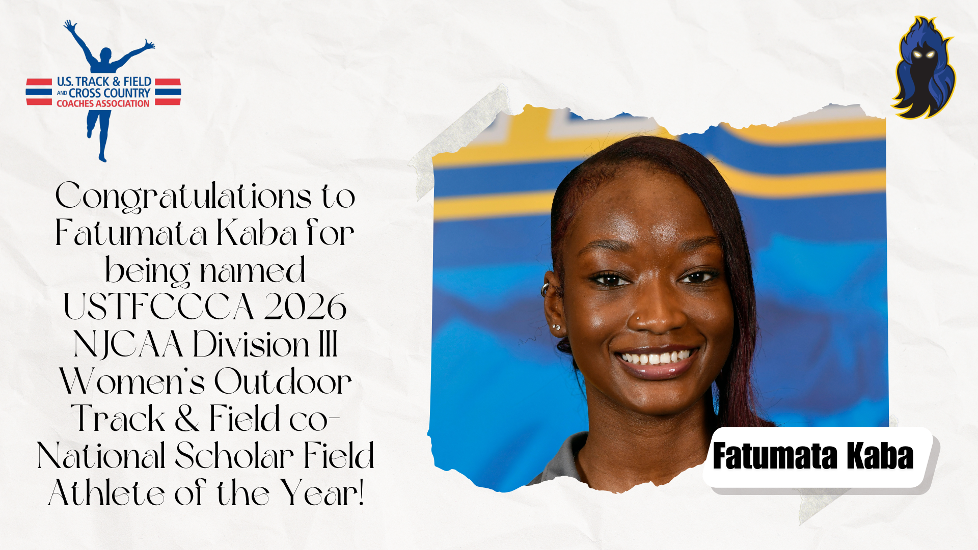 Photo of Fatumata Kaba with a message congratulating her for being named 2026 NJCAA Division III Women&rsquo;s Outdoor Track & Field co-National Scholar Field Athlete of the Year